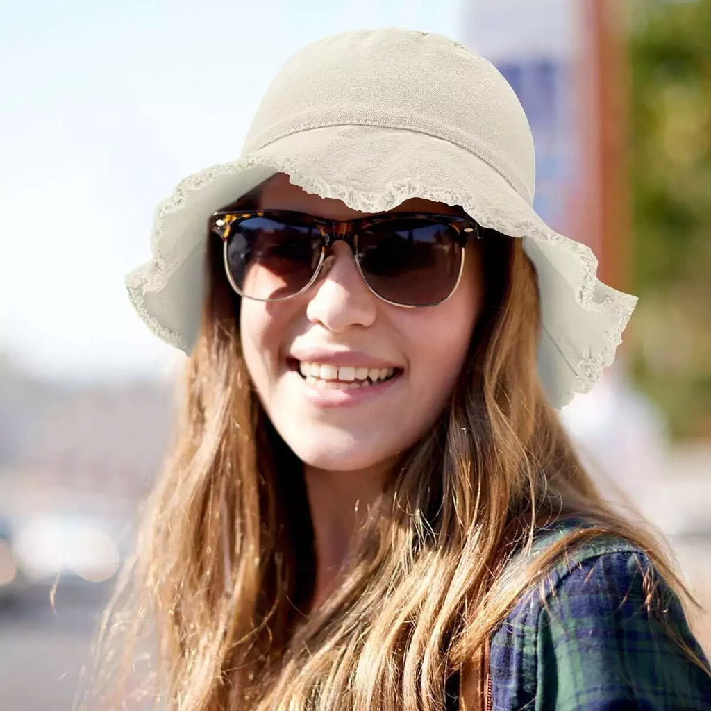 Frayed Bucket Hats Plain Cotton Distressed Outdoor Vintage Summer Beach Sun Hat
