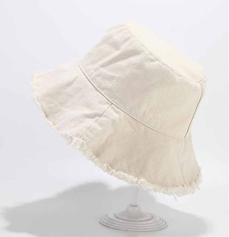 Frayed Bucket Hats Plain Cotton Distressed Outdoor Vintage Summer Beach Sun Hat