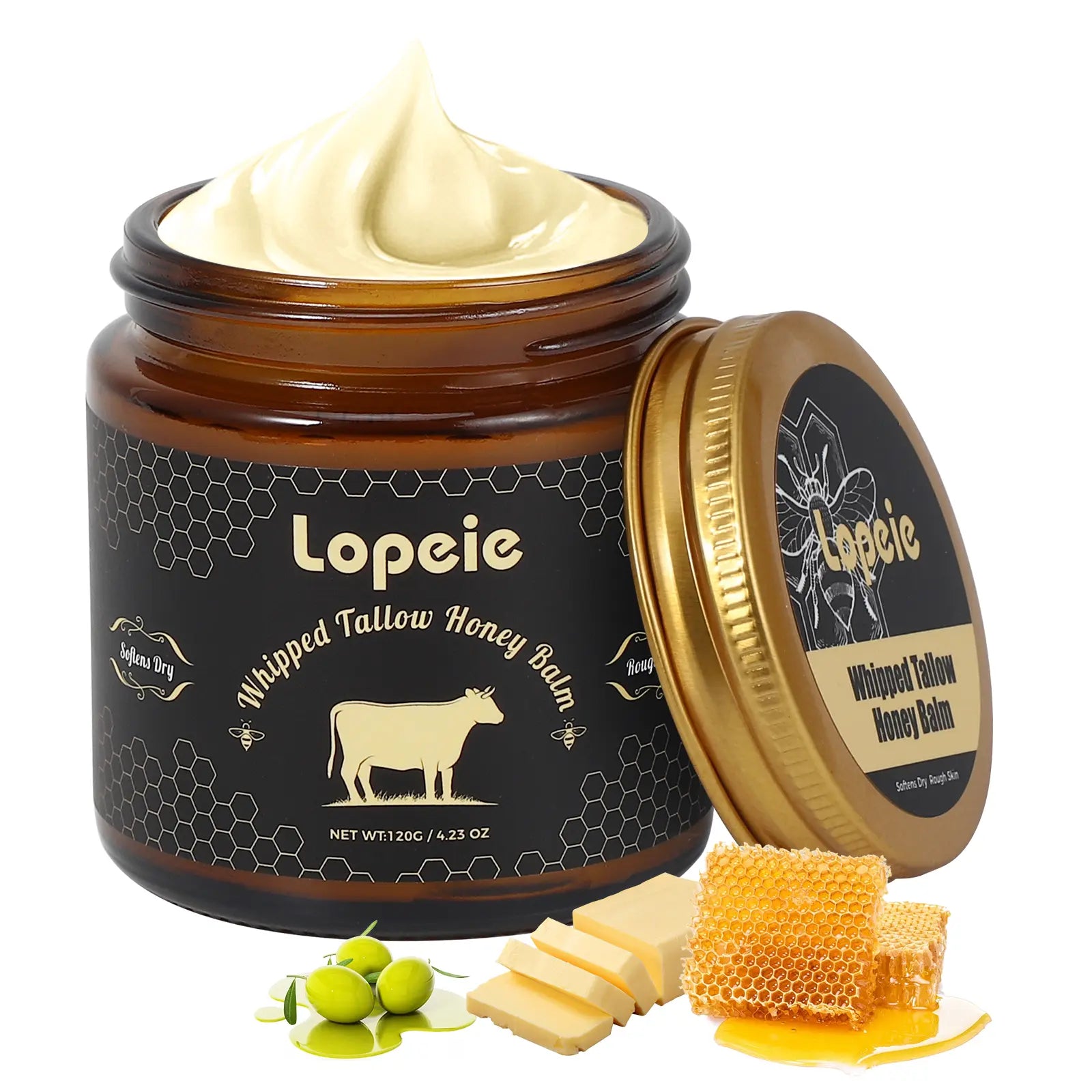 Lopeie Whipped Grass-Fed Beef Tallow Honey Balm - 4.23Oz,Moisturizing Cream for Soft, Smooth Skin - Handmade All-Natural Moisturizer - Lavender,Hydrating, Comfort, Moisture Boost Cream, Luminous Firming Cream, Body Care, Hydrating Dry Skin