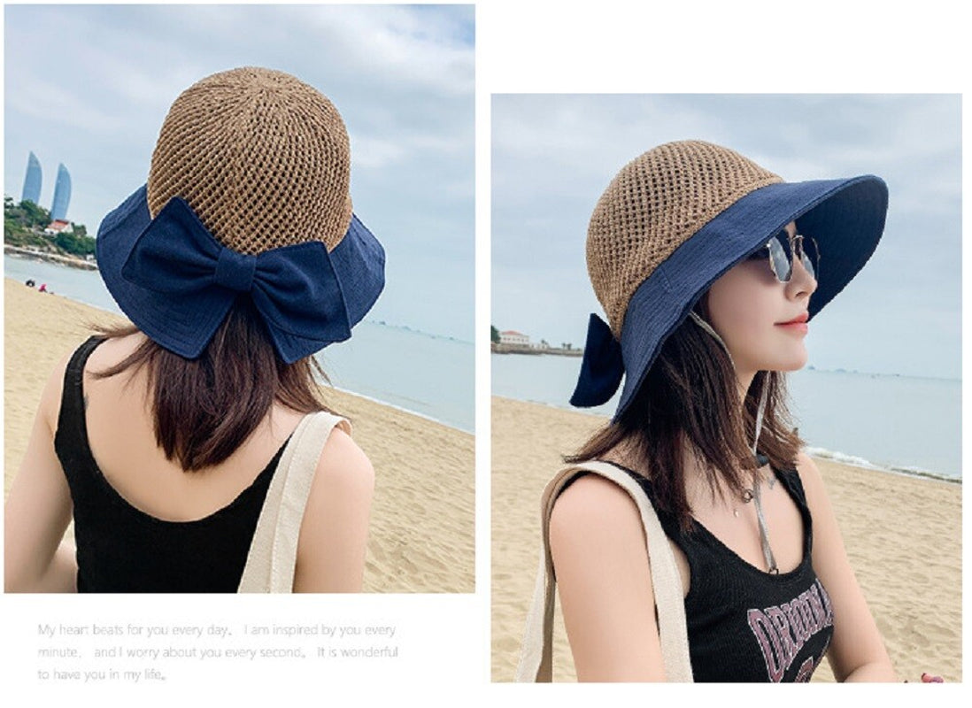 Womens Floppy Straw Sun Hat Wide Brim Beach Hat Packable Summer Travel Cap UV
