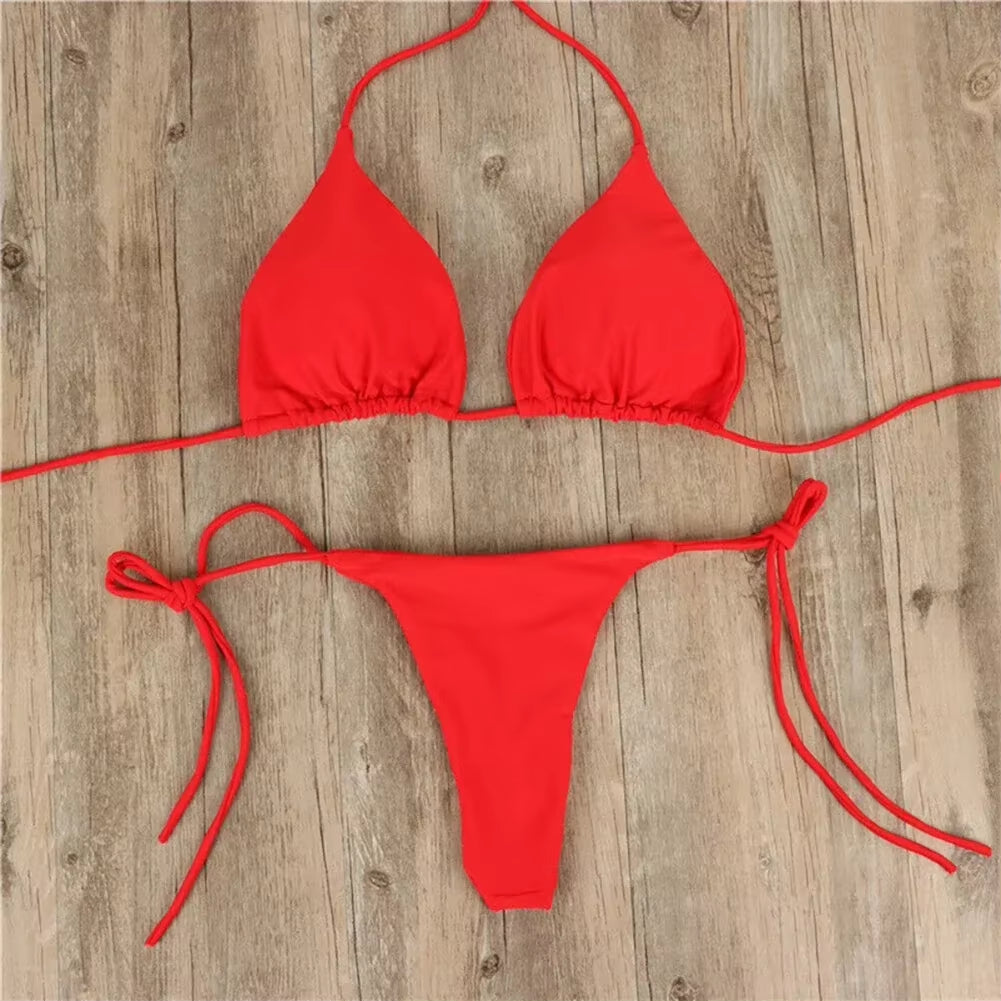 Solid Color Hanging Neck Style Lace-Up Bikini Women'S Sexy Adjustable Triangle Beach Swimsuit No Steel Bracket No Chest Pad