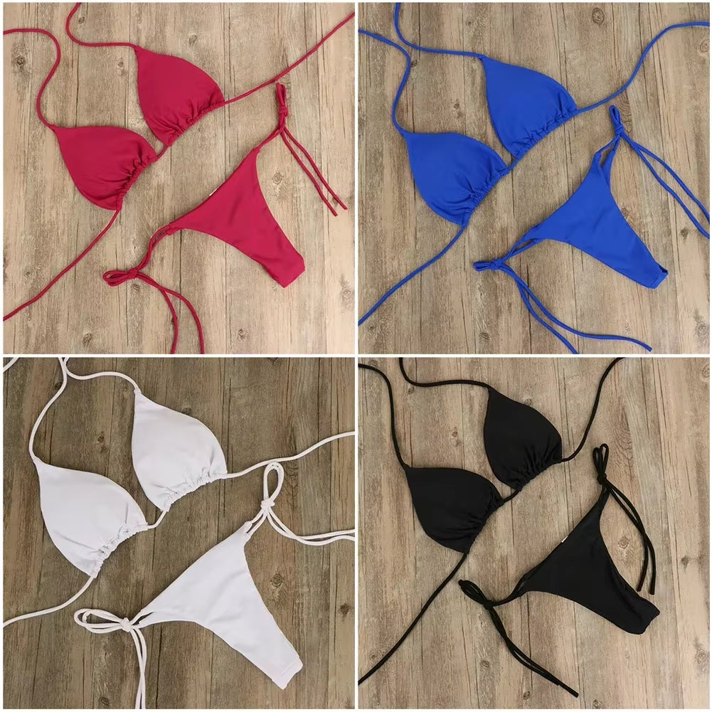 Solid Color Hanging Neck Style Lace-Up Bikini Women'S Sexy Adjustable Triangle Beach Swimsuit No Steel Bracket No Chest Pad