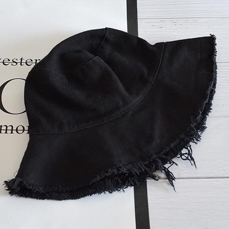Frayed Bucket Hats Plain Cotton Distressed Outdoor Vintage Summer Beach Sun Hat