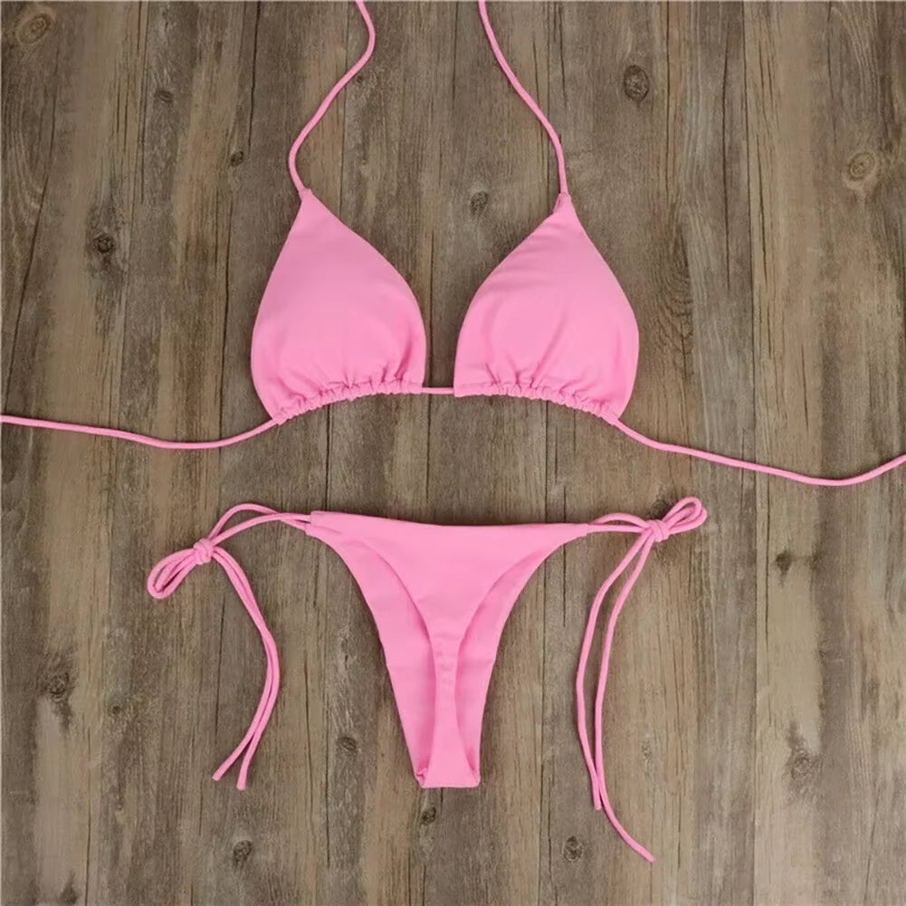 Solid Color Hanging Neck Style Lace-Up Bikini Women'S Sexy Adjustable Triangle Beach Swimsuit No Steel Bracket No Chest Pad