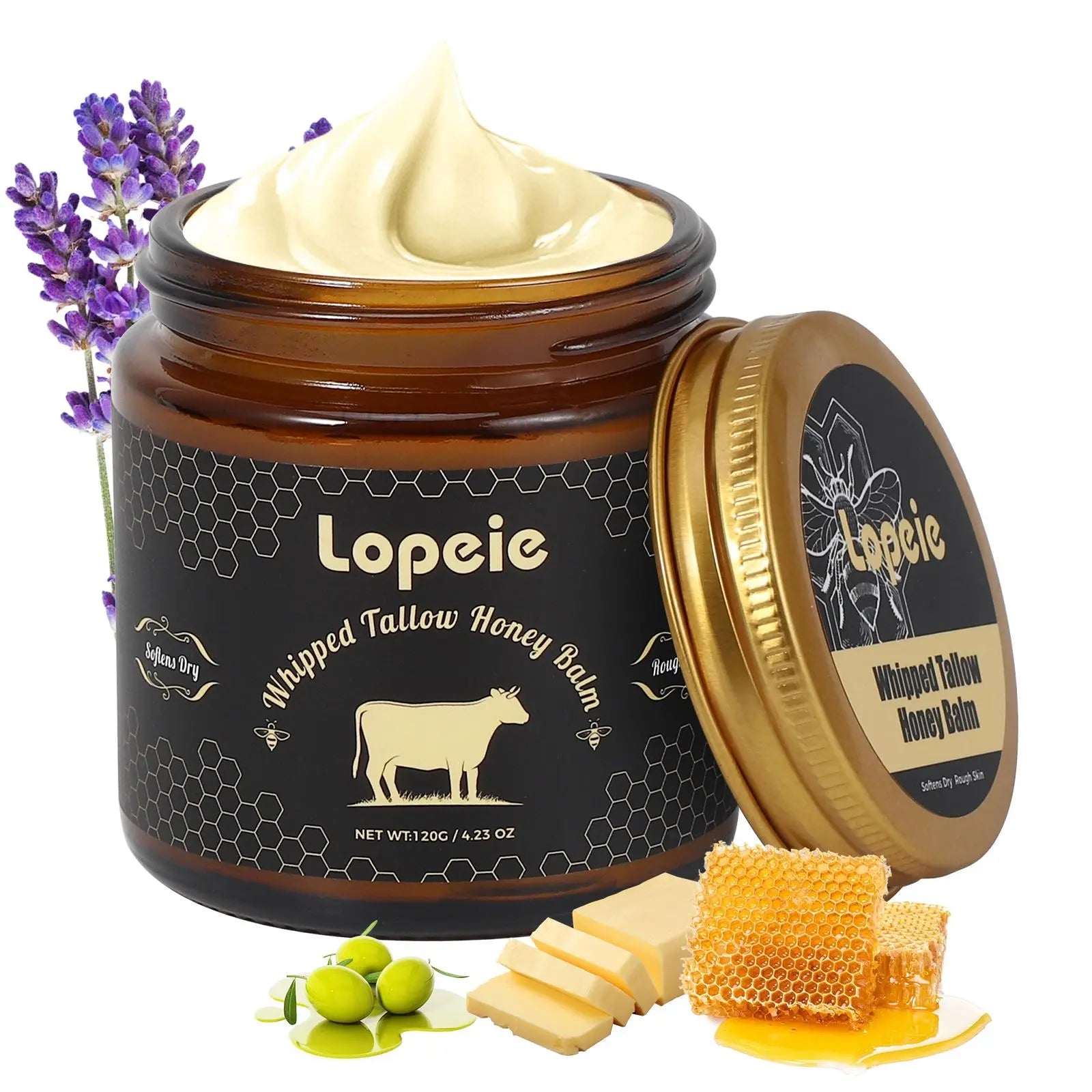 Lopeie Whipped Grass-Fed Beef Tallow Honey Balm - 4.23Oz,Moisturizing Cream for Soft, Smooth Skin - Handmade All-Natural Moisturizer - Lavender,Hydrating, Comfort, Moisture Boost Cream, Luminous Firming Cream, Body Care, Hydrating Dry Skin