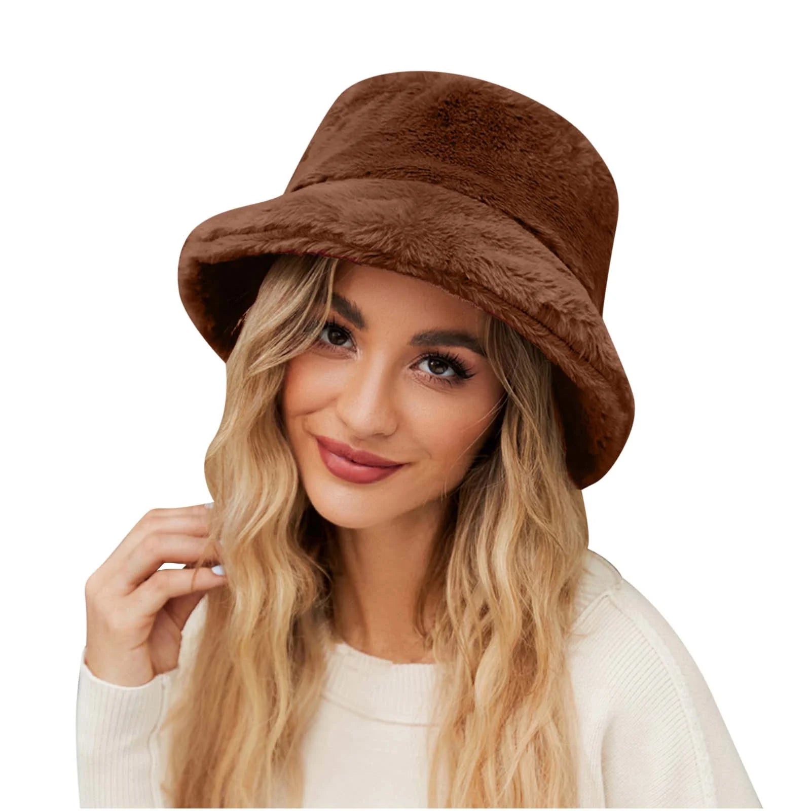 Winter Bucket Hat for Women Solid Warm Hats Cute Warm Soft Faux Fur Fisherman Cap Coffee