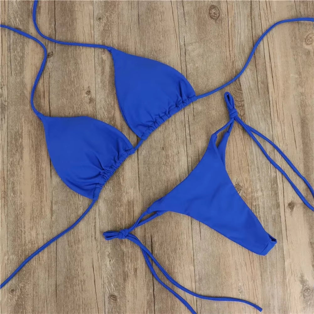 Solid Color Hanging Neck Style Lace-Up Bikini Women'S Sexy Adjustable Triangle Beach Swimsuit No Steel Bracket No Chest Pad