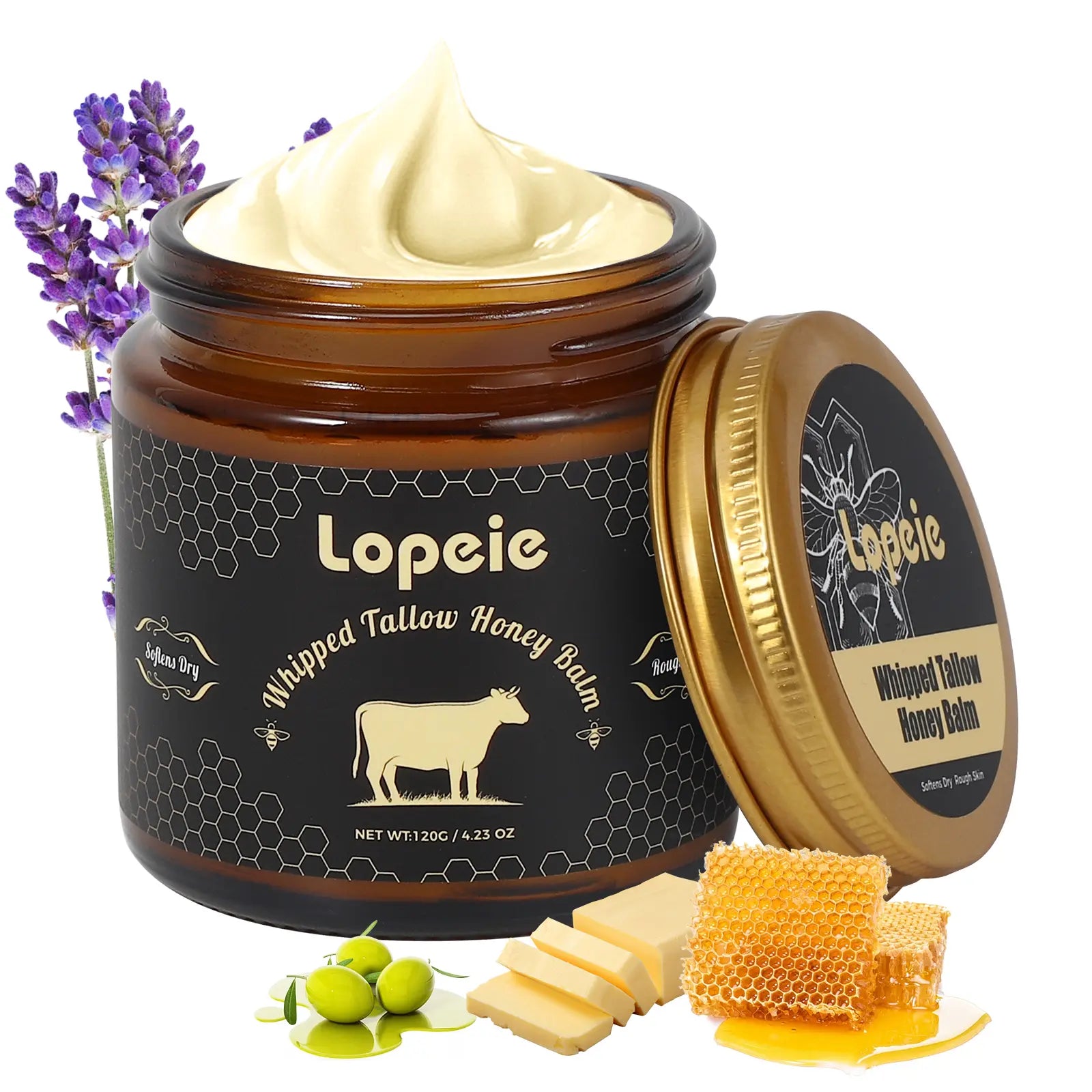 Lopeie Whipped Grass-Fed Beef Tallow Honey Balm - 4.23Oz,Moisturizing Cream for Soft, Smooth Skin - Handmade All-Natural Moisturizer - Lavender,Hydrating, Comfort, Moisture Boost Cream, Luminous Firming Cream, Body Care, Hydrating Dry Skin