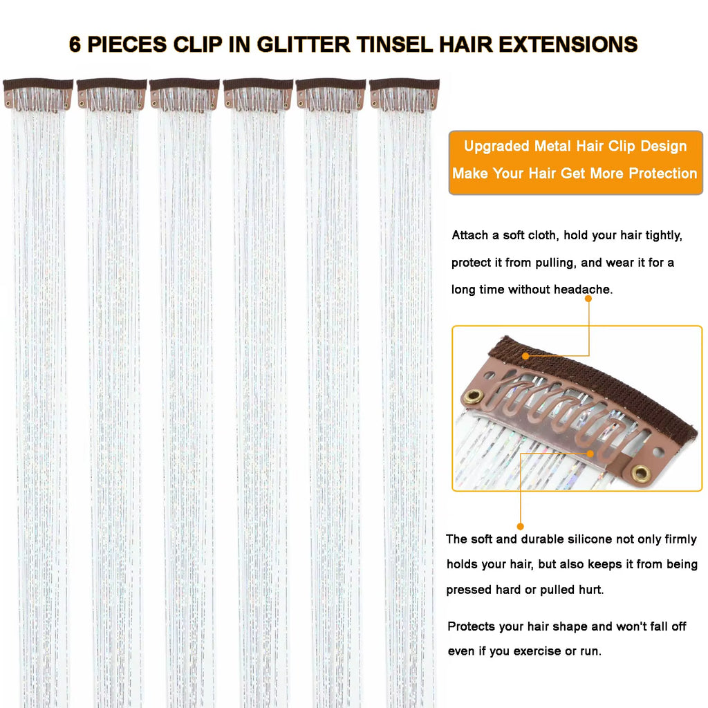 6Pcs Hair Tinsel Clip in 23.6Inch Glitter Synthetic Tinsel Hair Clip in Hair Tinsel Kit Heat Resistant Shiny Sparkle Fairy Hair
