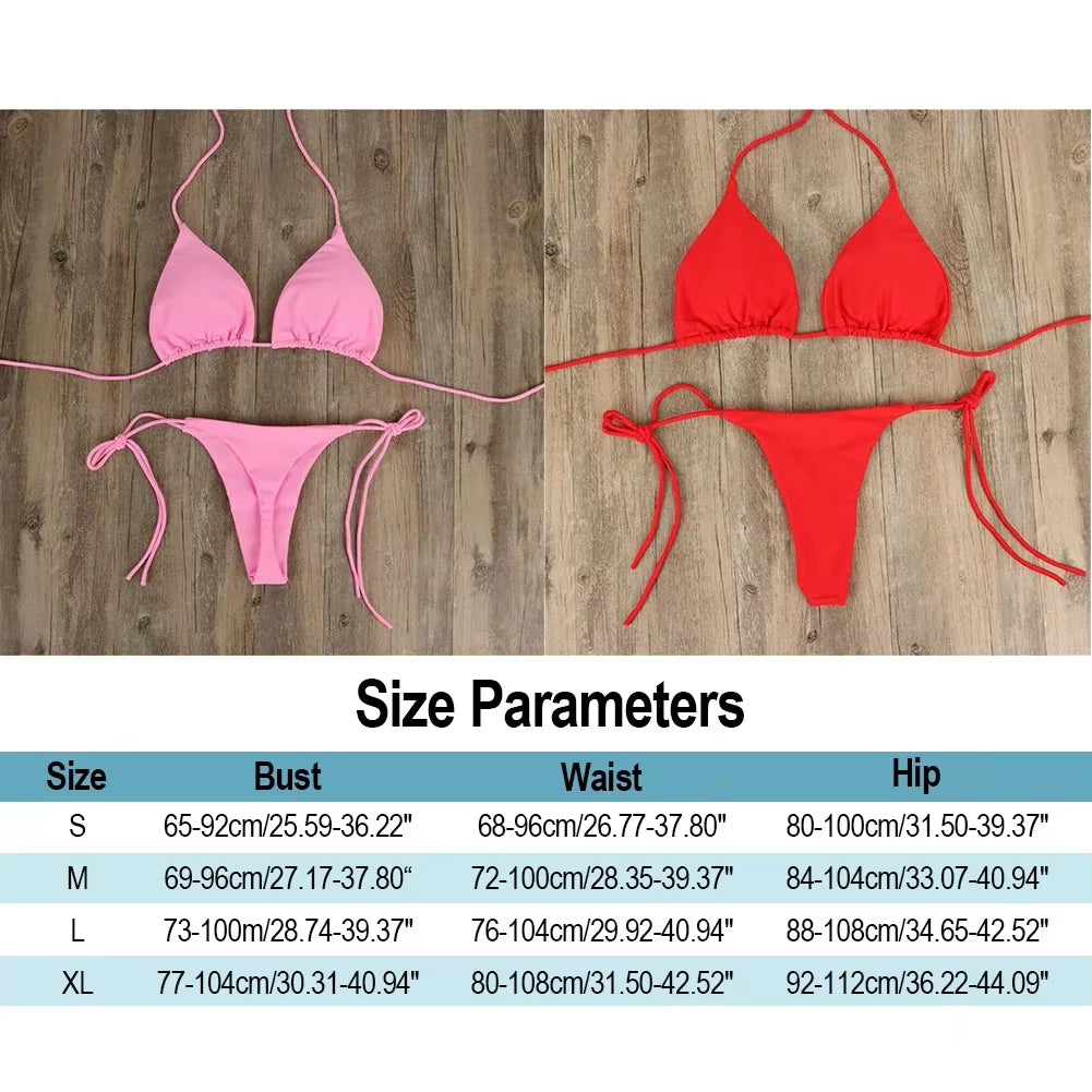 Solid Color Hanging Neck Style Lace-Up Bikini Women'S Sexy Adjustable Triangle Beach Swimsuit No Steel Bracket No Chest Pad