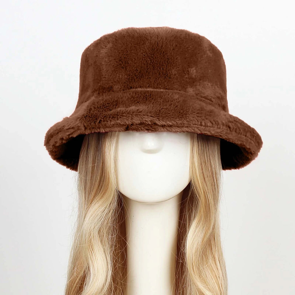 Winter Bucket Hat for Women Solid Warm Hats Cute Warm Soft Faux Fur Fisherman Cap Coffee