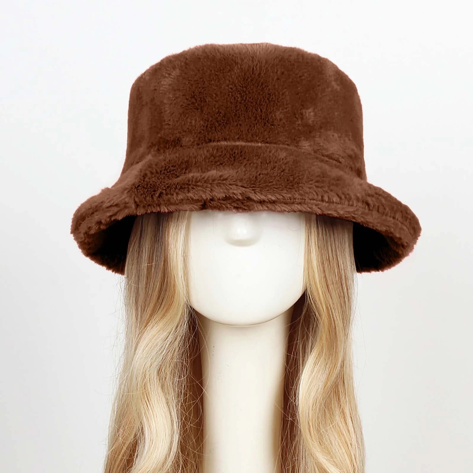 Winter Bucket Hat for Women Solid Warm Hats Cute Warm Soft Faux Fur Fisherman Cap Coffee