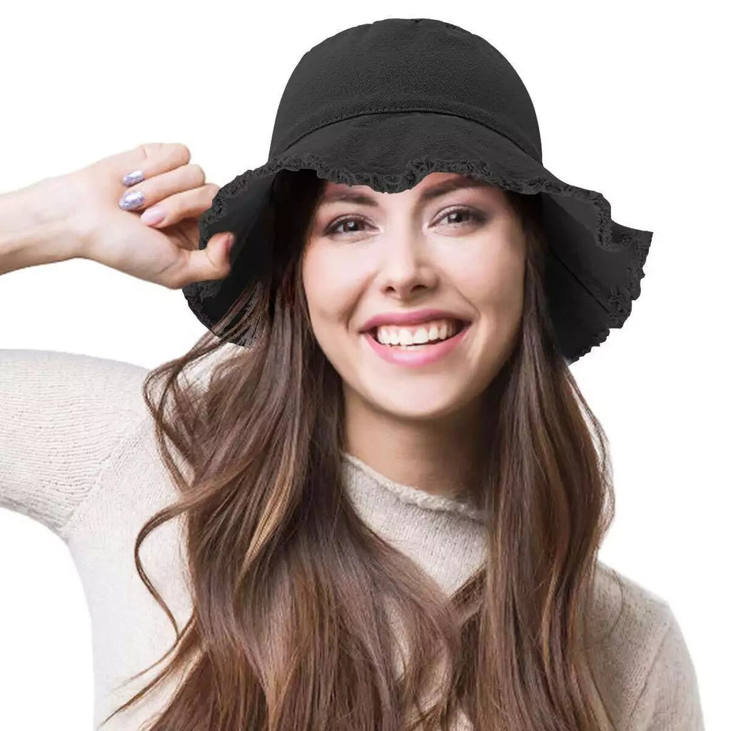 Frayed Bucket Hats Plain Cotton Distressed Outdoor Vintage Summer Beach Sun Hat