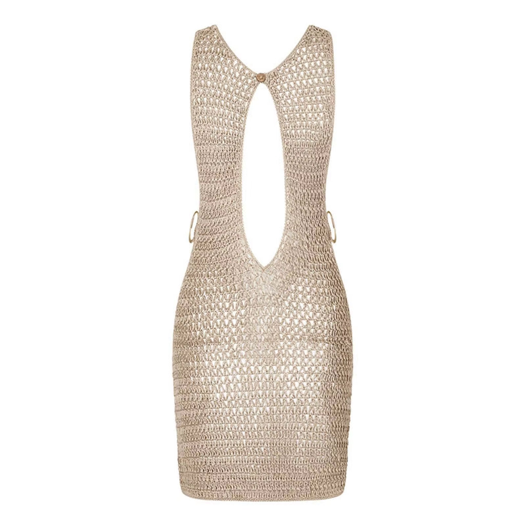 2025 Sexy Cut Out Crochet Knitted Beach Dress Woman Summer Backless Tunic Beach Cover Ups Short Dress Beach Wear Women Swimsuit