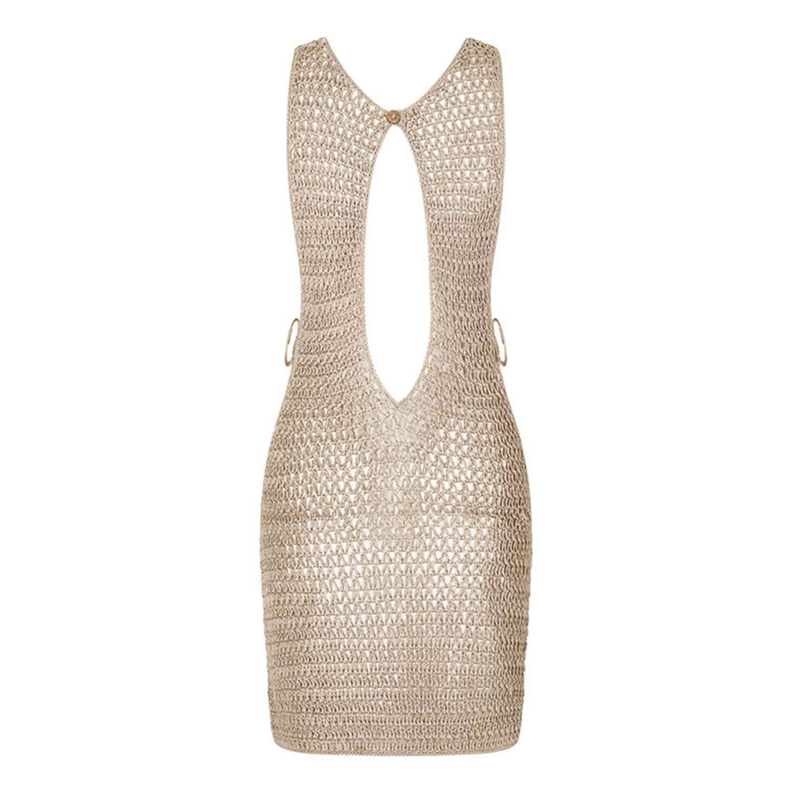 2025 Sexy Cut Out Crochet Knitted Beach Dress Woman Summer Backless Tunic Beach Cover Ups Short Dress Beach Wear Women Swimsuit