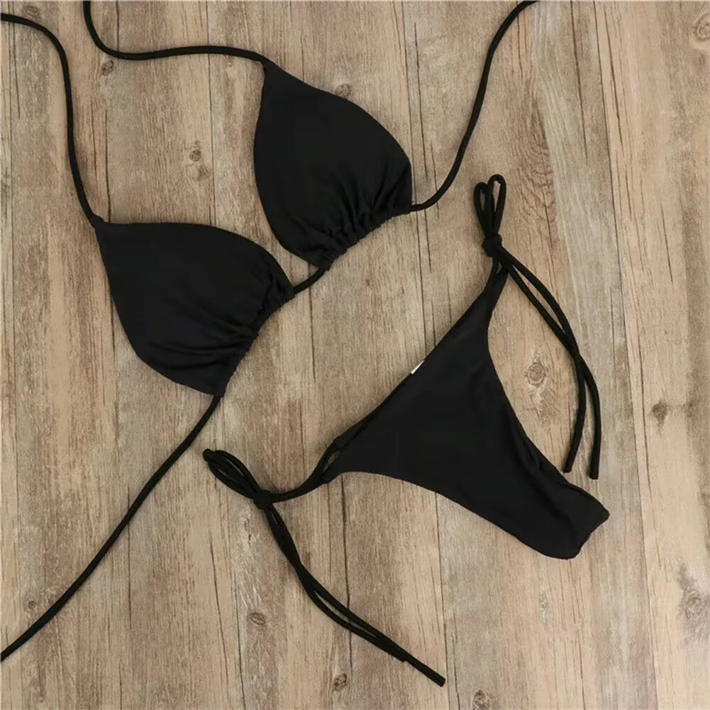 Solid Color Hanging Neck Style Lace-Up Bikini Women'S Sexy Adjustable Triangle Beach Swimsuit No Steel Bracket No Chest Pad