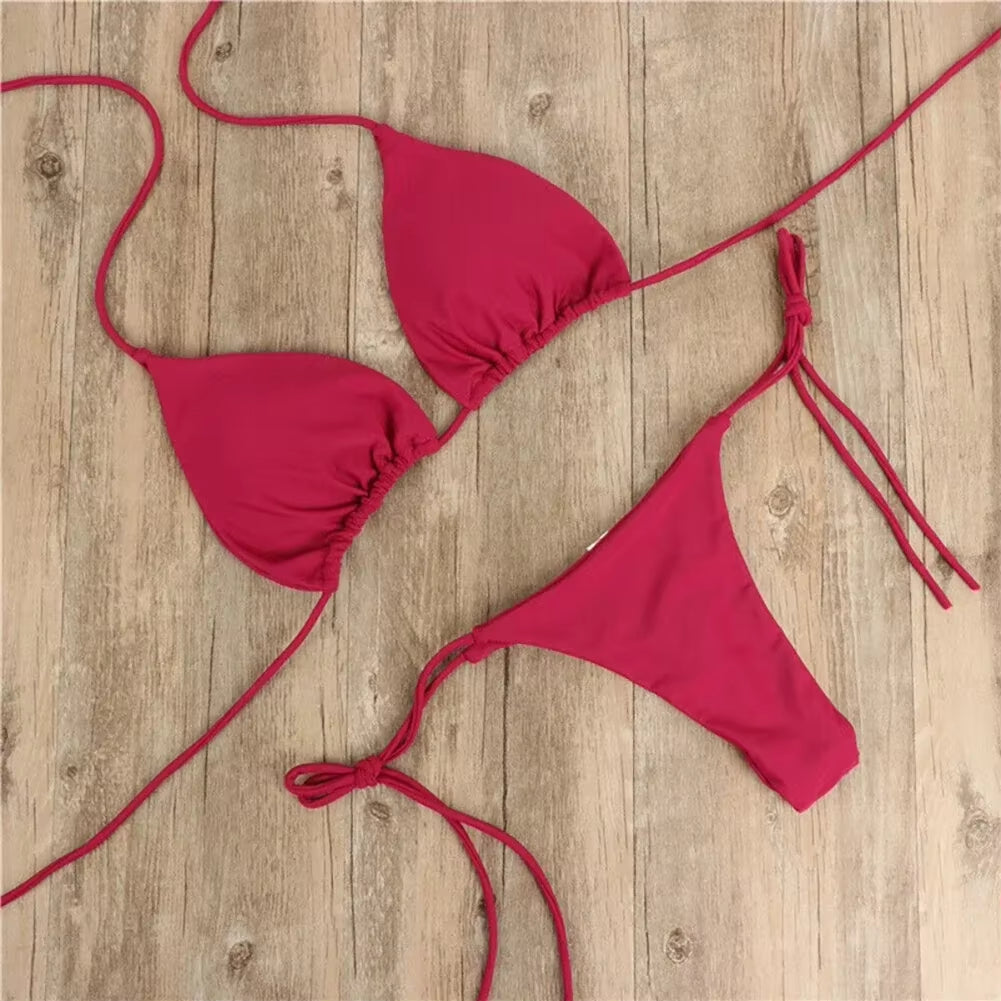 Solid Color Hanging Neck Style Lace-Up Bikini Women'S Sexy Adjustable Triangle Beach Swimsuit No Steel Bracket No Chest Pad