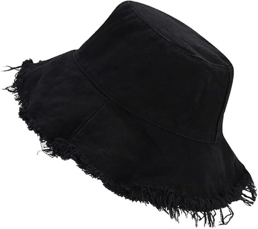 Frayed Bucket Hats Plain Cotton Distressed Outdoor Vintage Summer Beach Sun Hat