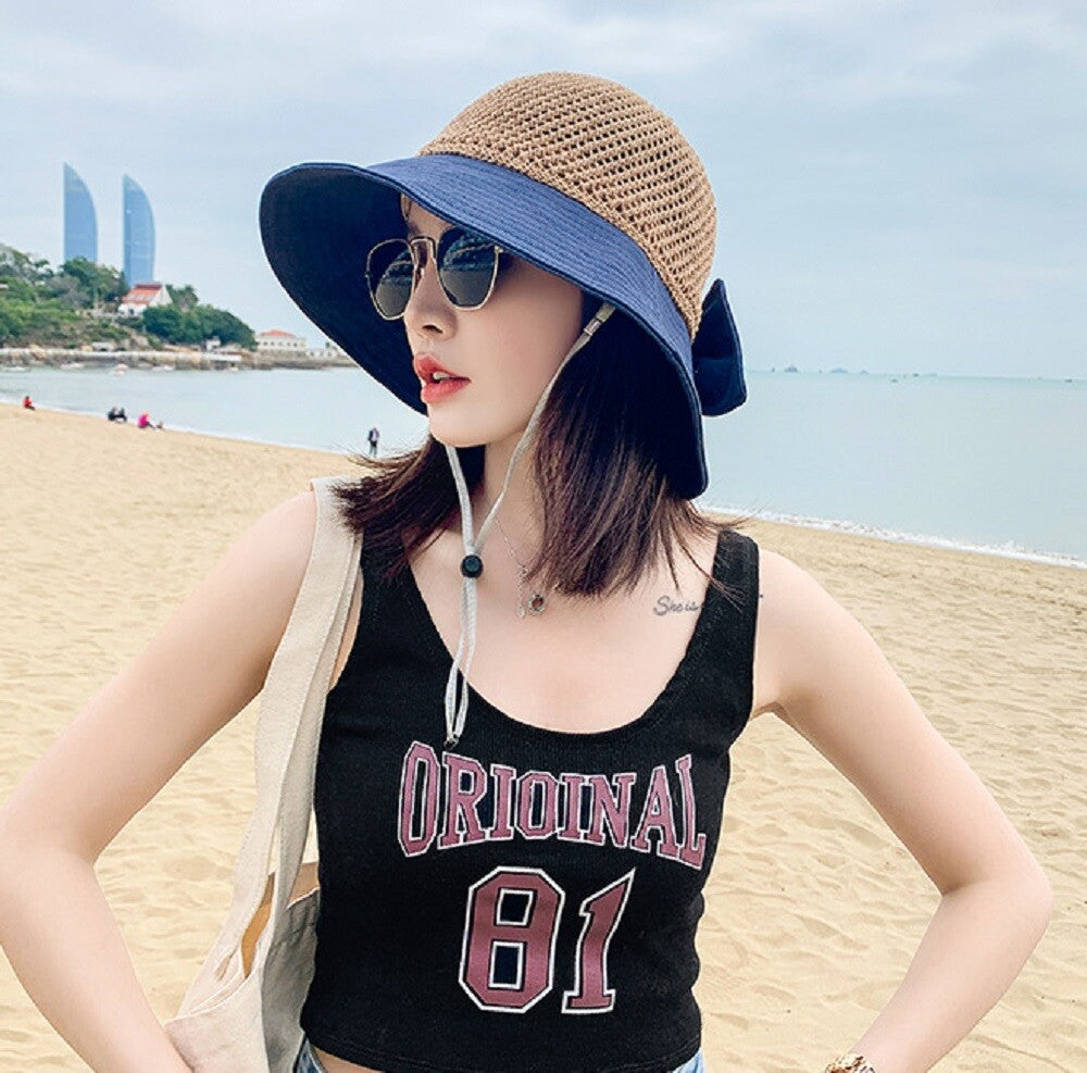 Womens Floppy Straw Sun Hat Wide Brim Beach Hat Packable Summer Travel Cap UV