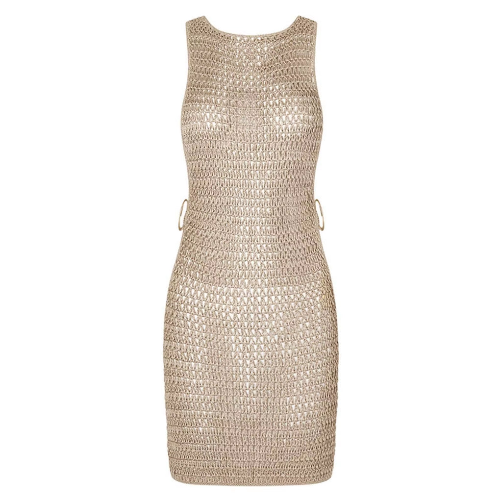 2025 Sexy Cut Out Crochet Knitted Beach Dress Woman Summer Backless Tunic Beach Cover Ups Short Dress Beach Wear Women Swimsuit