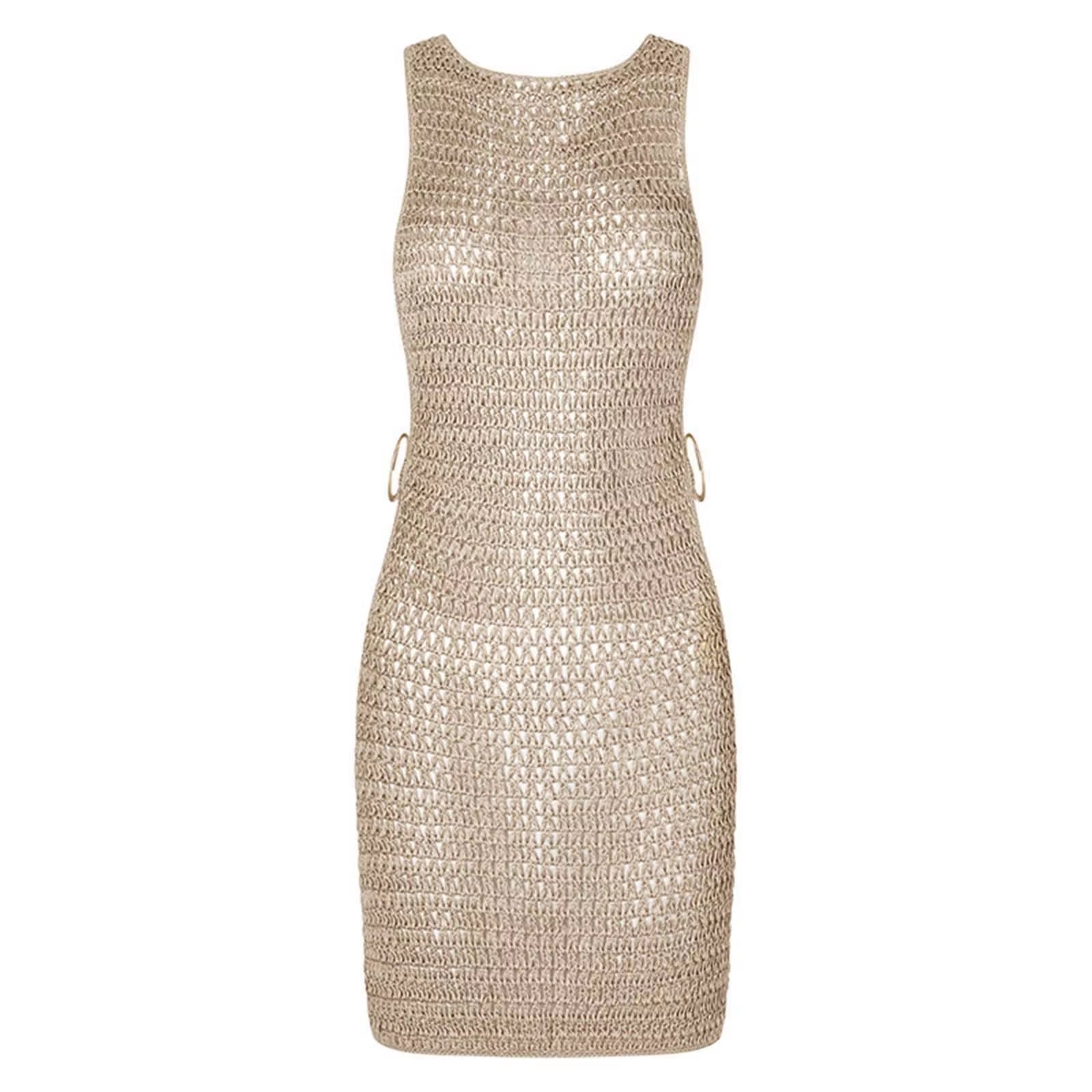 2025 Sexy Cut Out Crochet Knitted Beach Dress Woman Summer Backless Tunic Beach Cover Ups Short Dress Beach Wear Women Swimsuit