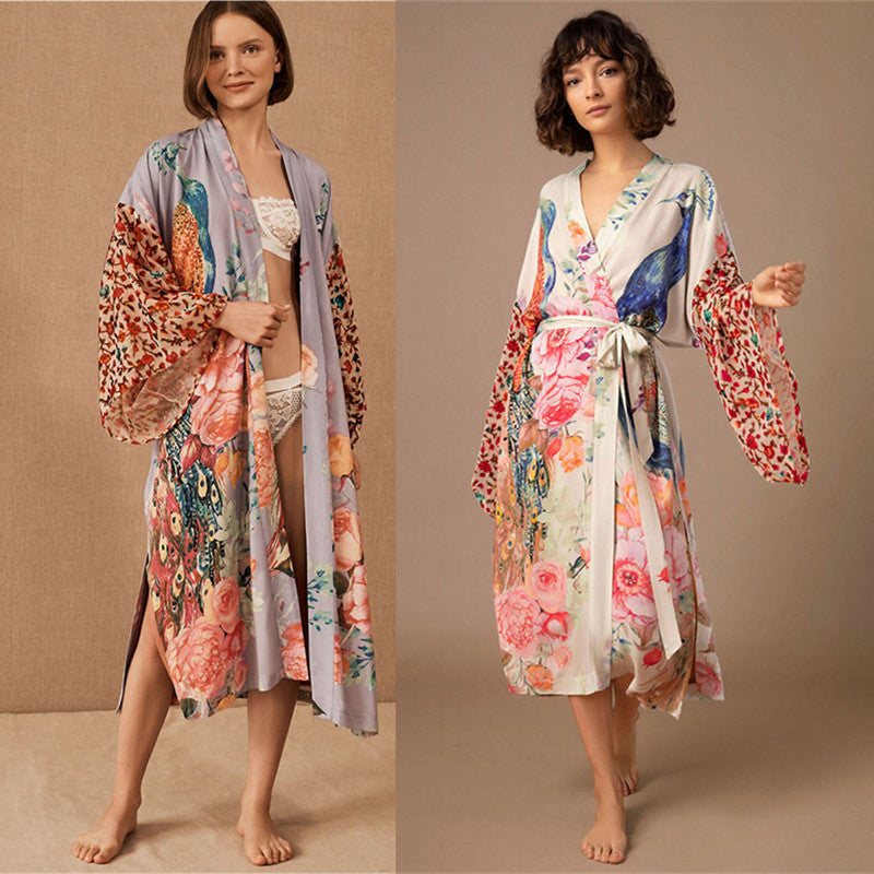 Loose Sun Protection Peacock Positioning Printing Beach Cover-Up