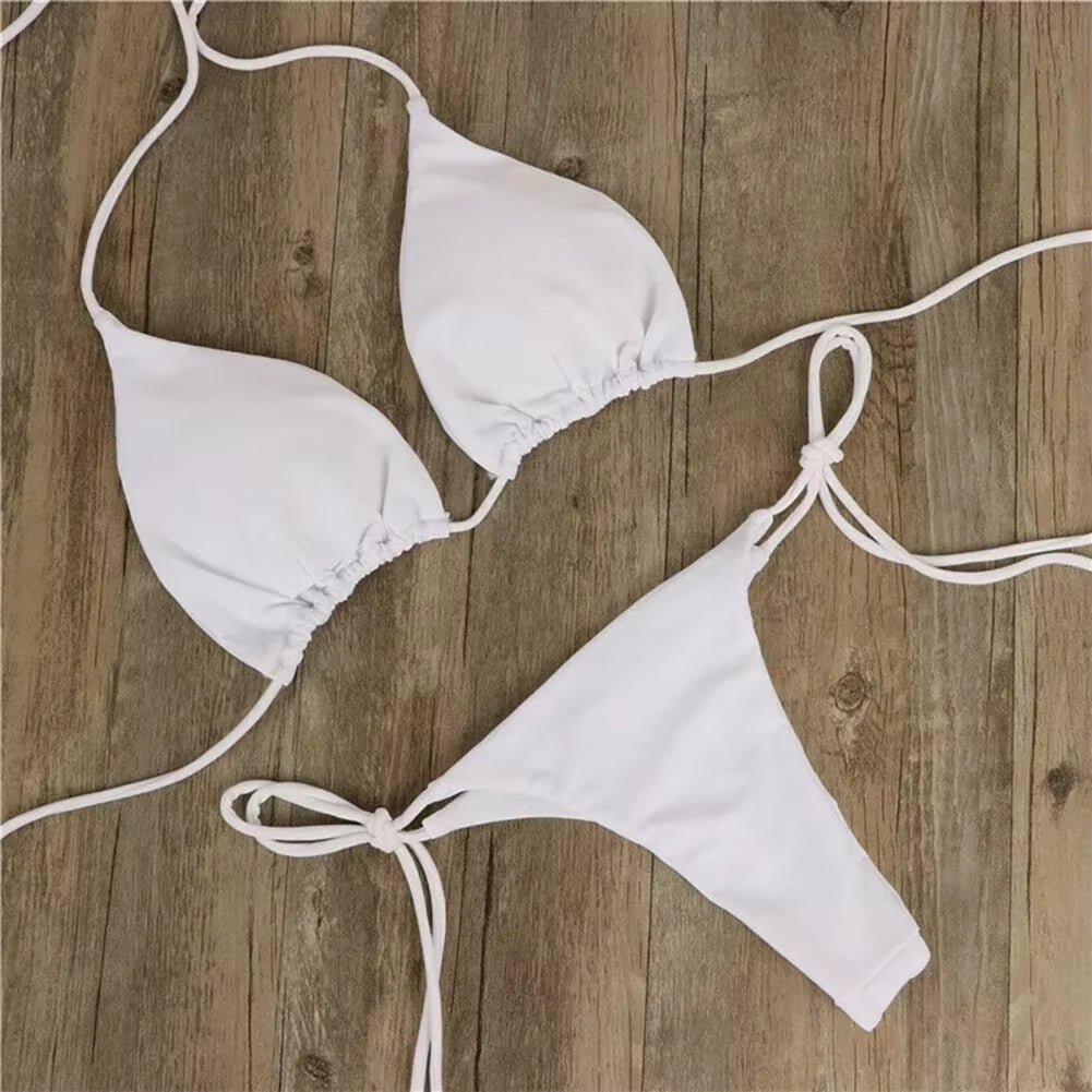 Solid Color Hanging Neck Style Lace-Up Bikini Women'S Sexy Adjustable Triangle Beach Swimsuit No Steel Bracket No Chest Pad