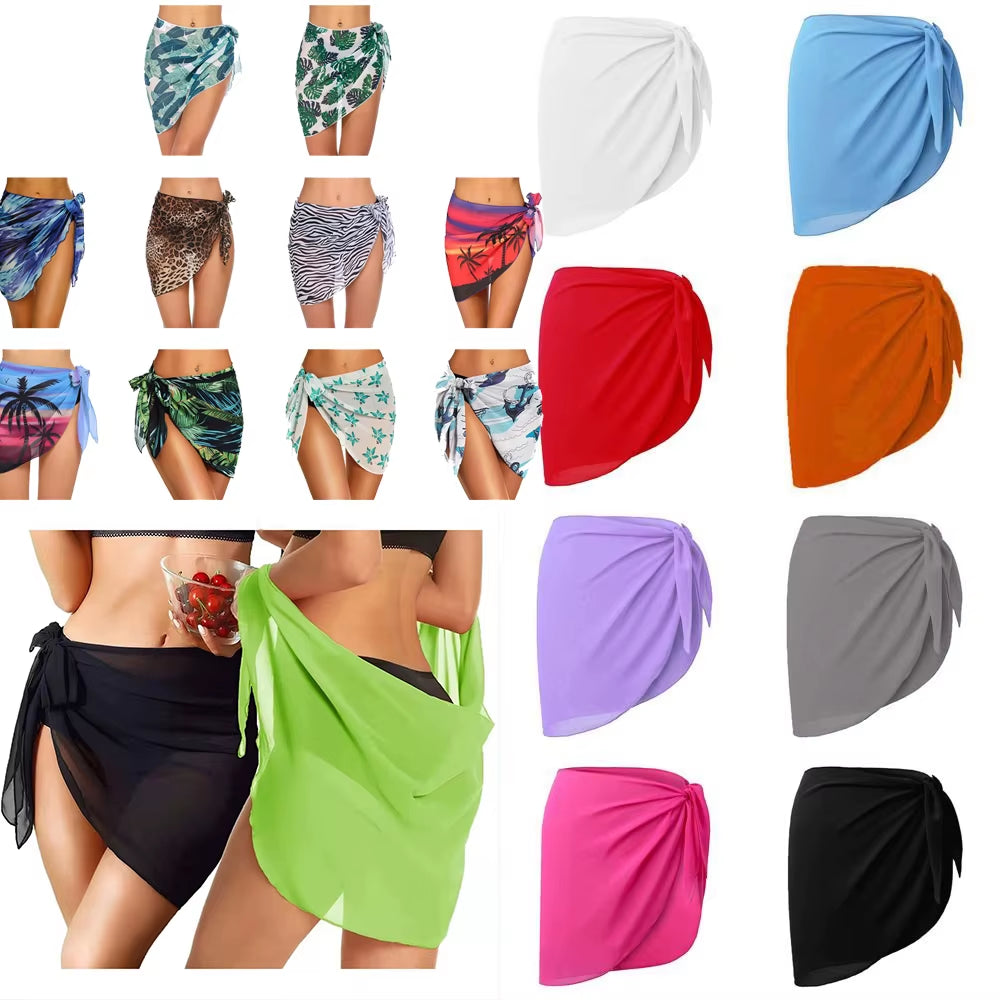 Summer Women Short Solid Sarong Swimsuit Coverups Beach Bikini Wrap Sheer Short Skirt Chiffon Skirt Scarf Swimwear Cover-Ups
