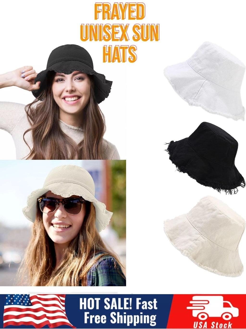 Frayed Bucket Hats Plain Cotton Distressed Outdoor Vintage Summer Beach Sun Hat