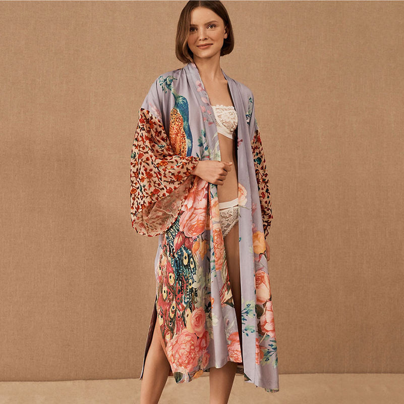 Loose Sun Protection Peacock Positioning Printing Beach Cover-Up