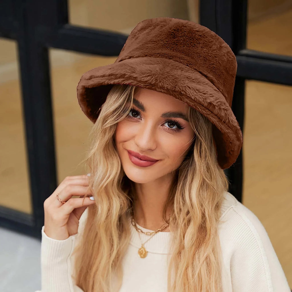 Winter Bucket Hat for Women Solid Warm Hats Cute Warm Soft Faux Fur Fisherman Cap Coffee