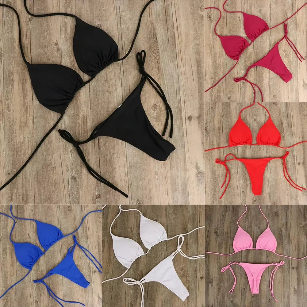Solid Color Hanging Neck Style Lace-Up Bikini Women'S Sexy Adjustable Triangle Beach Swimsuit No Steel Bracket No Chest Pad