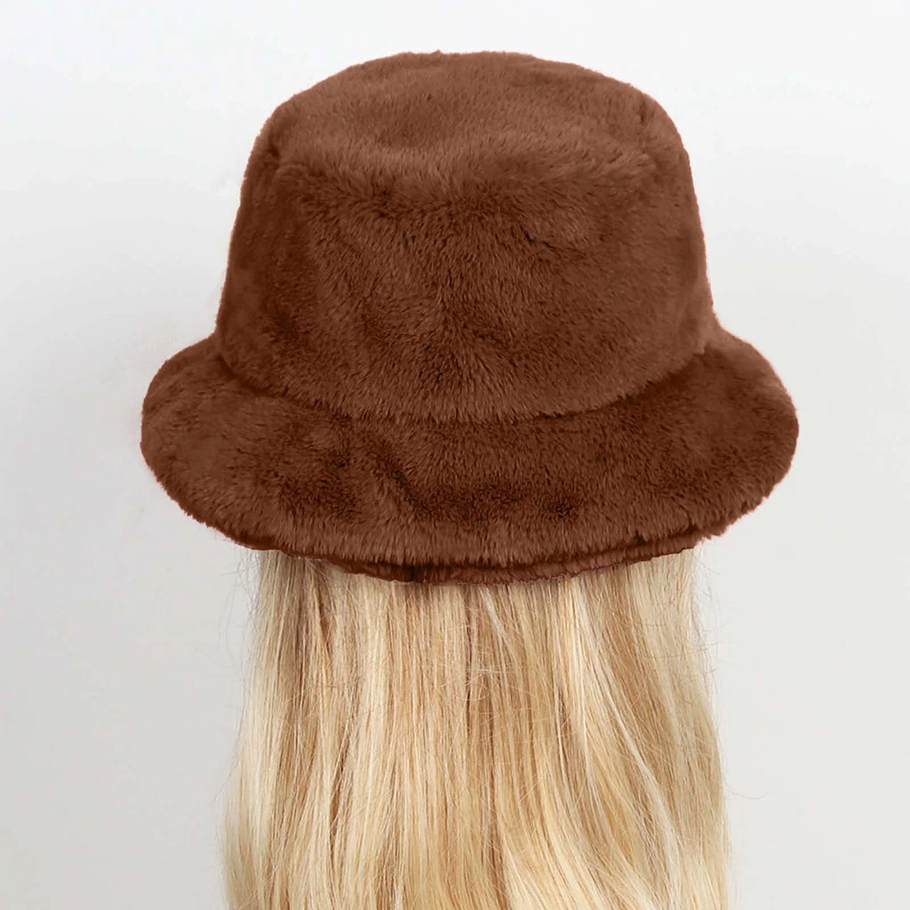Winter Bucket Hat for Women Solid Warm Hats Cute Warm Soft Faux Fur Fisherman Cap Coffee