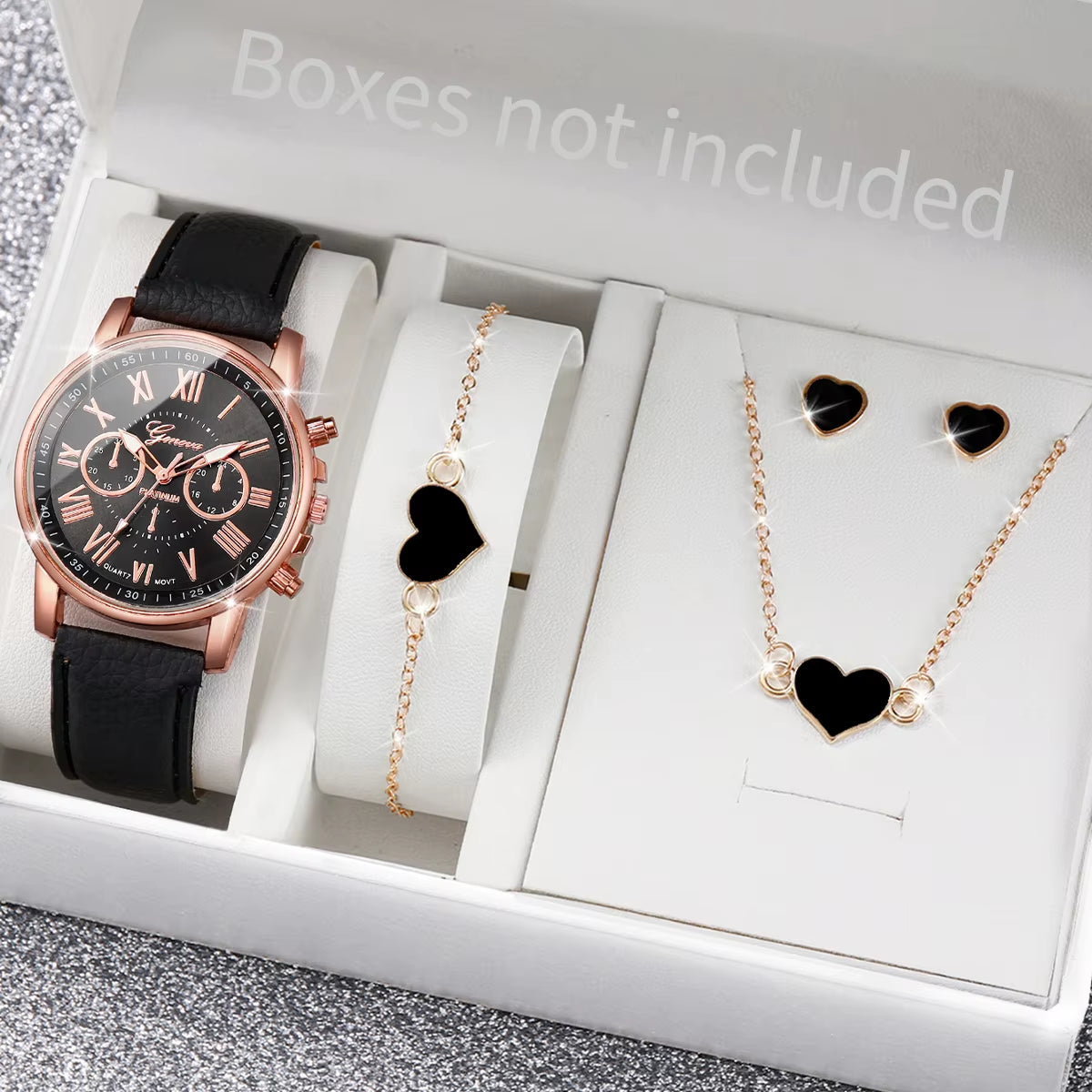 5/6PCS Fashion Women'S Quartz Watch Leather Band Analog Wrist Watches Heart Rhinestone Jewelry Set(Without Box)