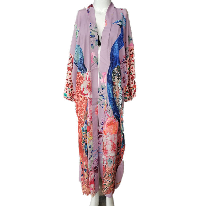 Loose Sun Protection Peacock Positioning Printing Beach Cover-Up