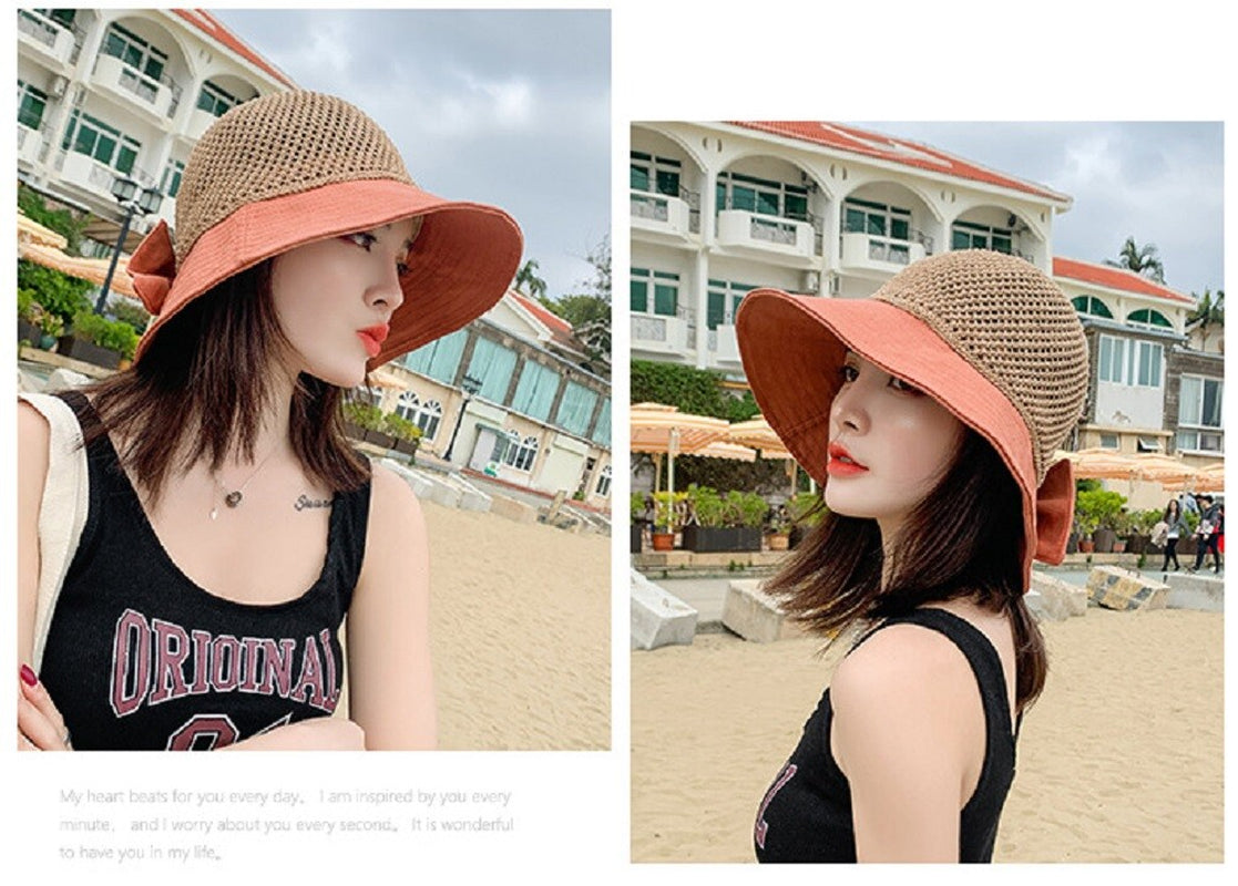 Womens Floppy Straw Sun Hat Wide Brim Beach Hat Packable Summer Travel Cap UV